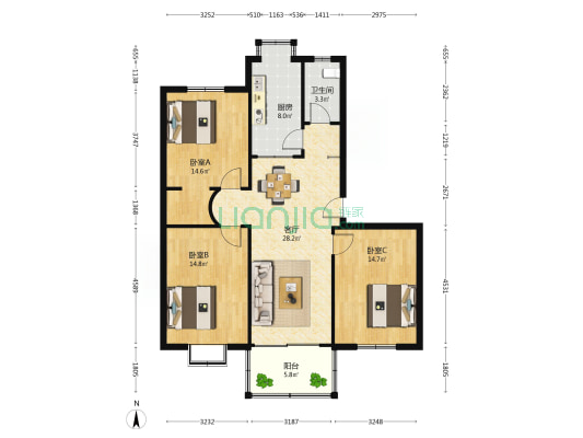 山大南路6-1号 3室1厅1卫 107平方