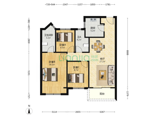 星萃云庭 3室1厅2卫 98平方