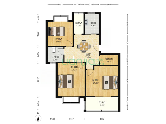 陆家角馨苑东区 3室1厅1卫 98平方