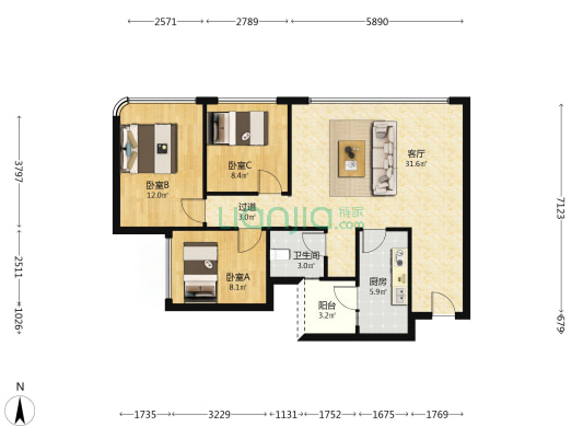 中海璟里 3室1厅1卫 87平方