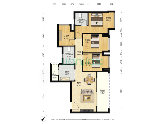 保利时区星宸 4室1厅2卫 99平方
