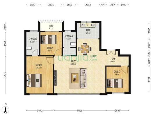 绿城西安全运村涵碧苑 3室1厅2卫 143平方