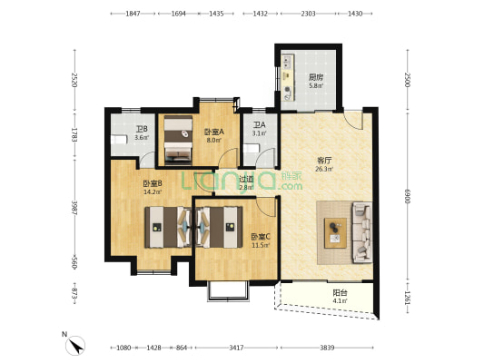 丰裕楼 3室1厅2卫 91平方