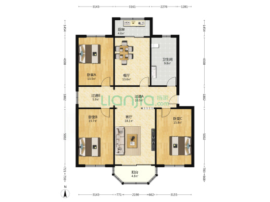 晨光社区1号院 3室2厅1卫 138平方
