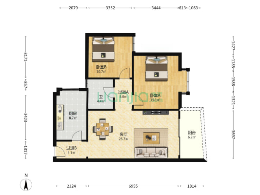立邦小区 2室1厅1卫 87平方