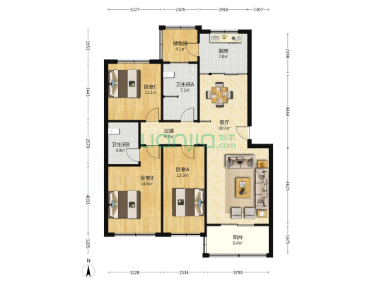 丹凤小区南区 3室1厅2卫 120平方