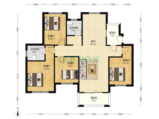定向河花园小区 4室1厅2卫 127平方