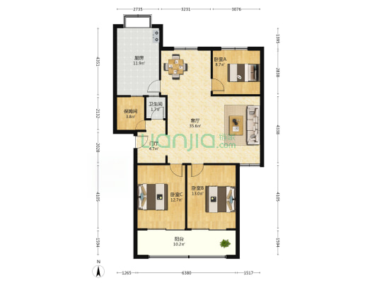 七里山路53号 3室1厅1卫 128平方