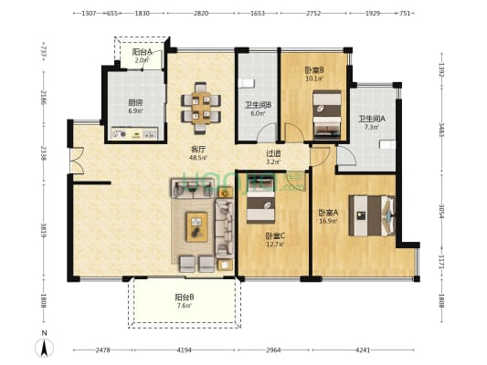 海德园 3室1厅2卫 153平方