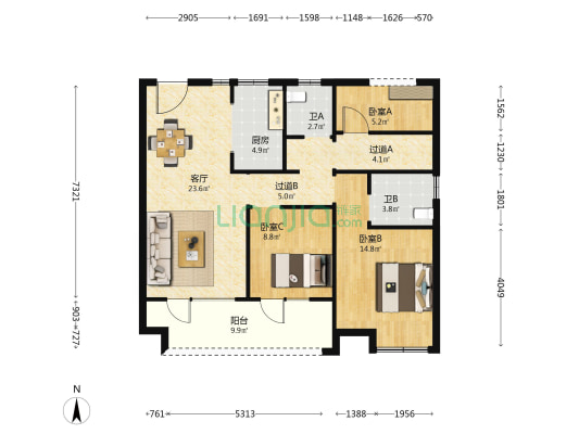 东方时尚中心·海语东方 3室1厅2卫 105平方