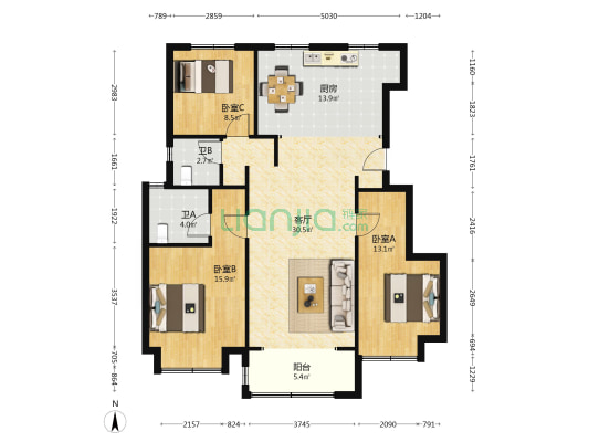 金地自在城南区 3室1厅2卫 120平方
