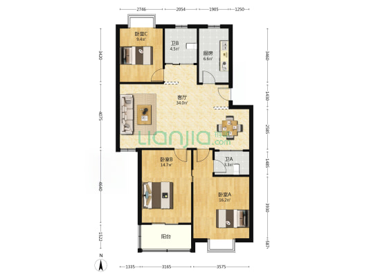金鼎花园 3室1厅2卫 111平方