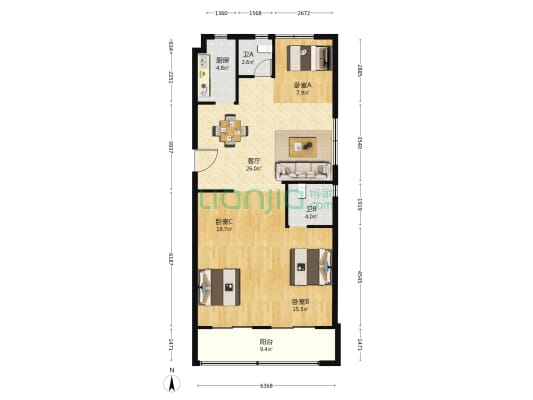 绿城通山郡三区 3室1厅2卫 120平方