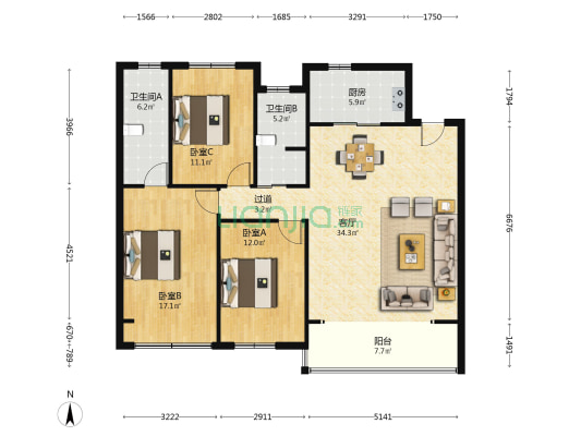 华侨城龙湖·启元 3室1厅2卫 130平方