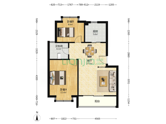 新世纪花园晨莺小区 2室1厅1卫 80平方