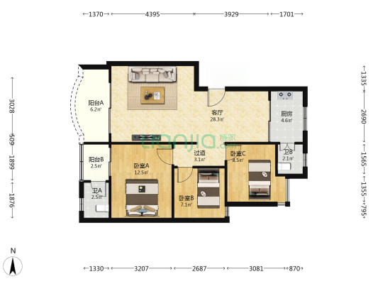 星河花园小区 3室1厅2卫 89平方