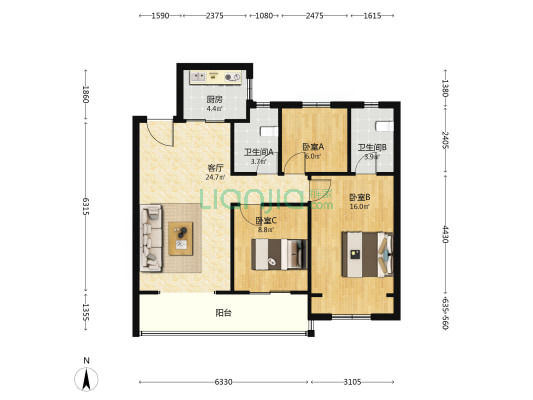 朗月滨河雅苑 3室1厅2卫 102平方