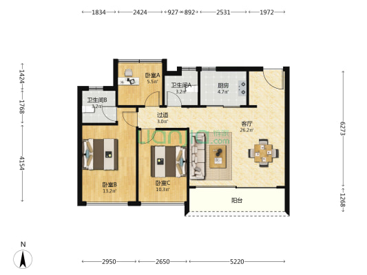 天境上辰 3室1厅2卫 103平方