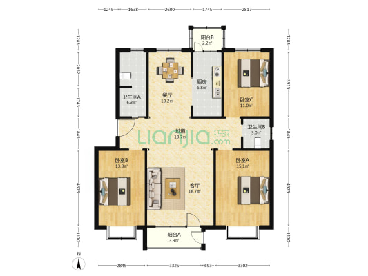 裕马花园 3室2厅2卫 133平方