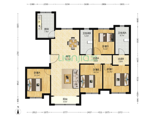 保利汇宁苑 4室1厅2卫 144平方