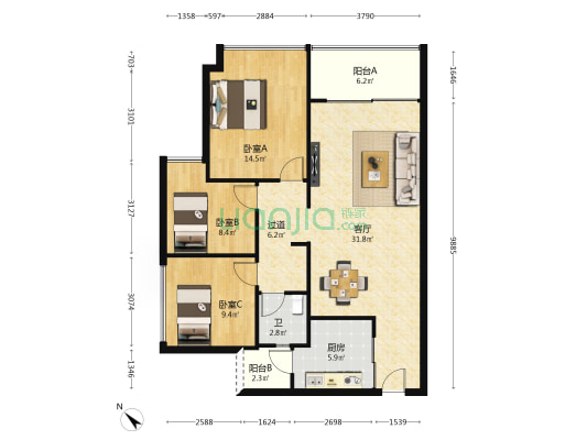 保利天际 3室1厅1卫 131平方