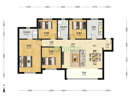 绿地国港新里城一期 4室1厅2卫 134平方