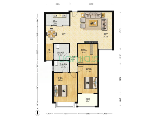 银海中央广场 3室1厅2卫 134平方