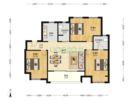 江南禾风云庭 3室1厅2卫 110平方