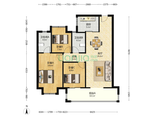 坤合云海城 3室1厅2卫 106平方