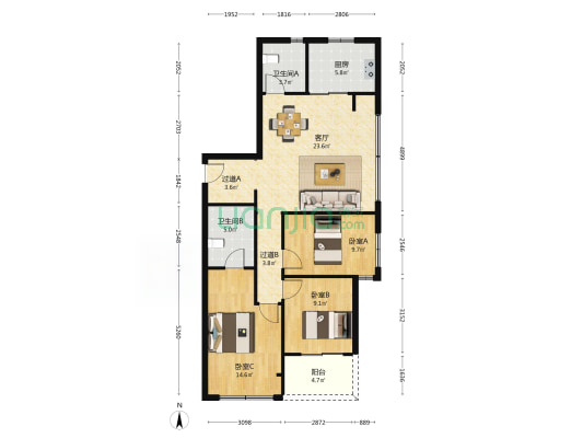 万科玉玲珑 3室1厅2卫 105平方