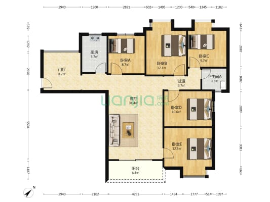 中航鼎尚华庭 5室1厅1卫 135平方