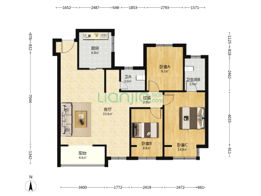 阳光城檀苑 3室1厅2卫 114平方