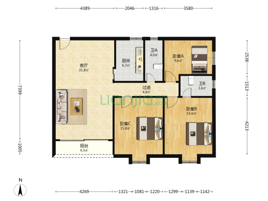 永福楼 3室1厅2卫 133平方