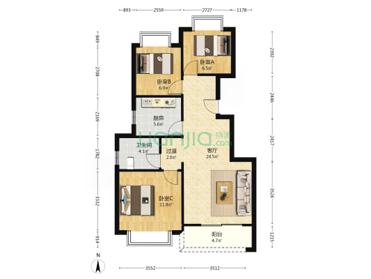 恒大锦城 3室1厅1卫 89平方