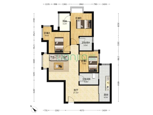 南溪绿郡B区 3室1厅2卫 89平方