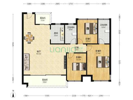 建业世和府二期 3室1厅2卫 144平方