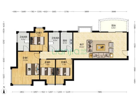 常兴广场 4室1厅2卫 118平方