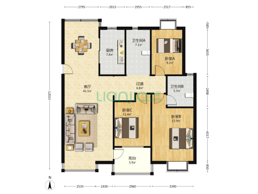 丽晶园 3室1厅2卫 140平方
