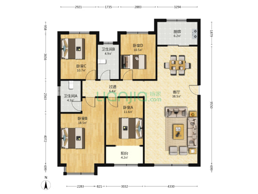 丁家嵘汇花园 4室1厅2卫 162平方