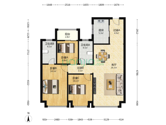 高新云熙港二期 3室1厅2卫 113平方