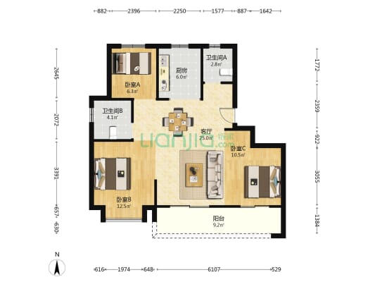 上东辰府 3室1厅2卫 97平方
