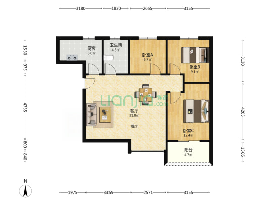 山顶裕祥园 3室1厅1卫 97平方