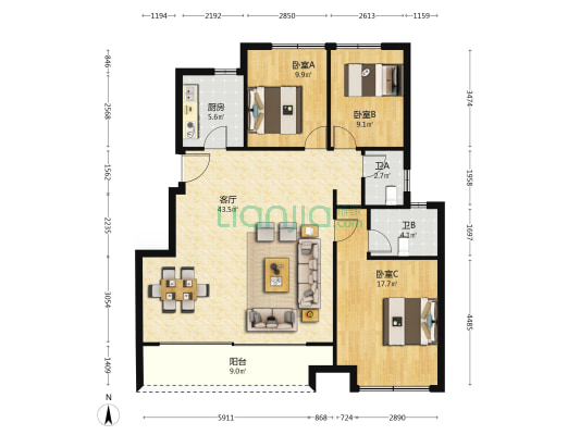 紫锦墅院 3室1厅2卫 120平方