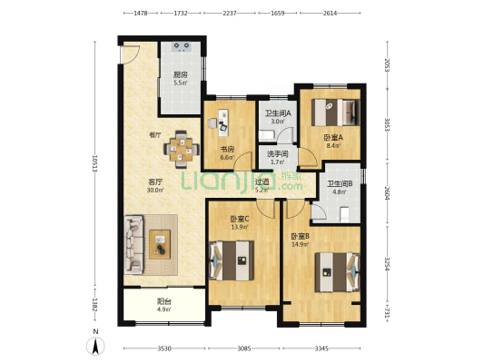大悦澜庭 4室1厅3卫 129平方