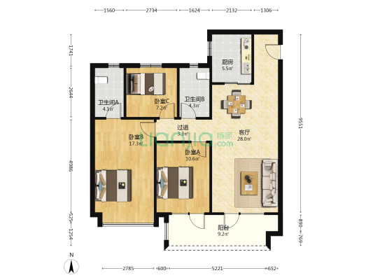 锦悦都三期 3室1厅2卫 119平方