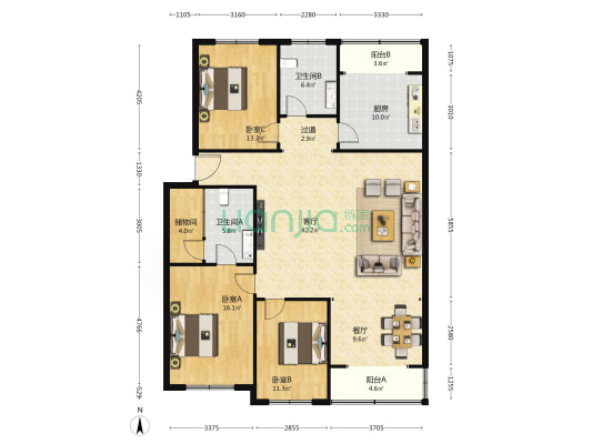 汇利花园 3室2厅2卫 156平方