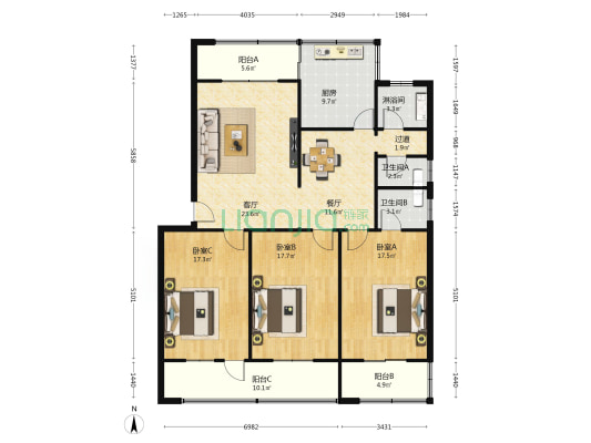 交警队家属院安置区 3室2厅3卫 140平方