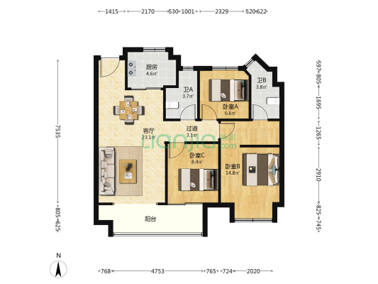 樾丽云庭 3室1厅2卫 103平方