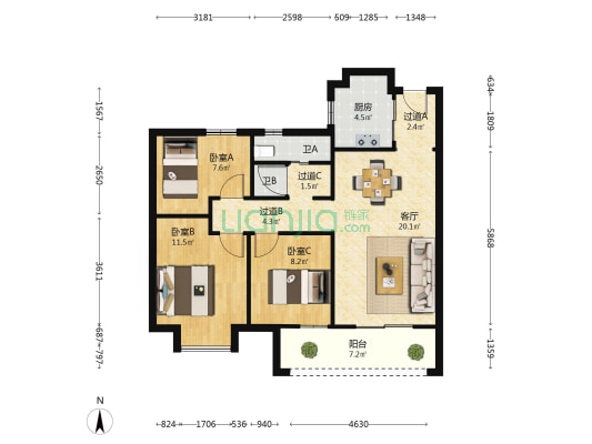 绿地城太白湖畔F区 3室1厅2卫 97平方