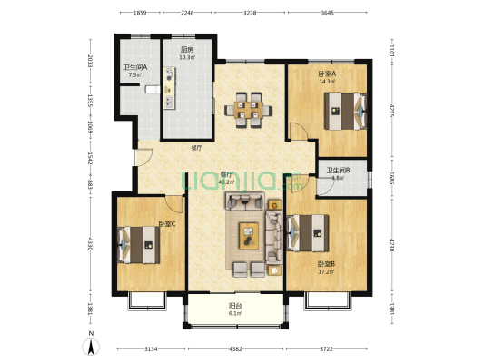 莲河家园 3室1厅2卫 156平方